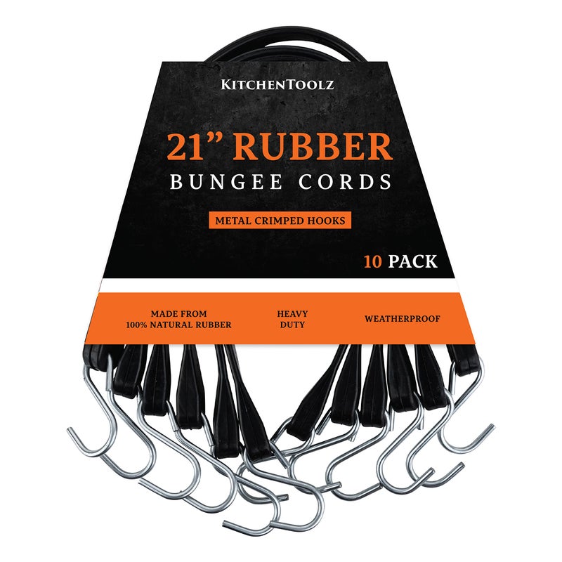 kitchentoolz 21" Inch 10 Pack Rubber Bungee Cords with Metal Hooks for Flatbed Trucks- Heavy Duty Tarp Tie Down Straps - Image 1